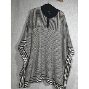 Liz Claiborne 1X Poncho Sweater Black White Knit‎ Pullover 1/4 Zip Mock Neck